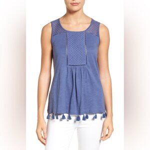 Caslon NEW Tassel Cotton Embroidered Eyelet Tank Tank Top Blue Mesh Boho Blue 1X